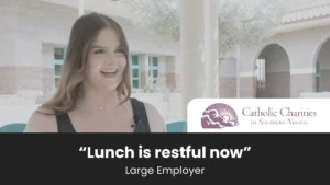 woman smiling at camera with overlay "lunch is restful now" , along with catholic charities of southern nevada log