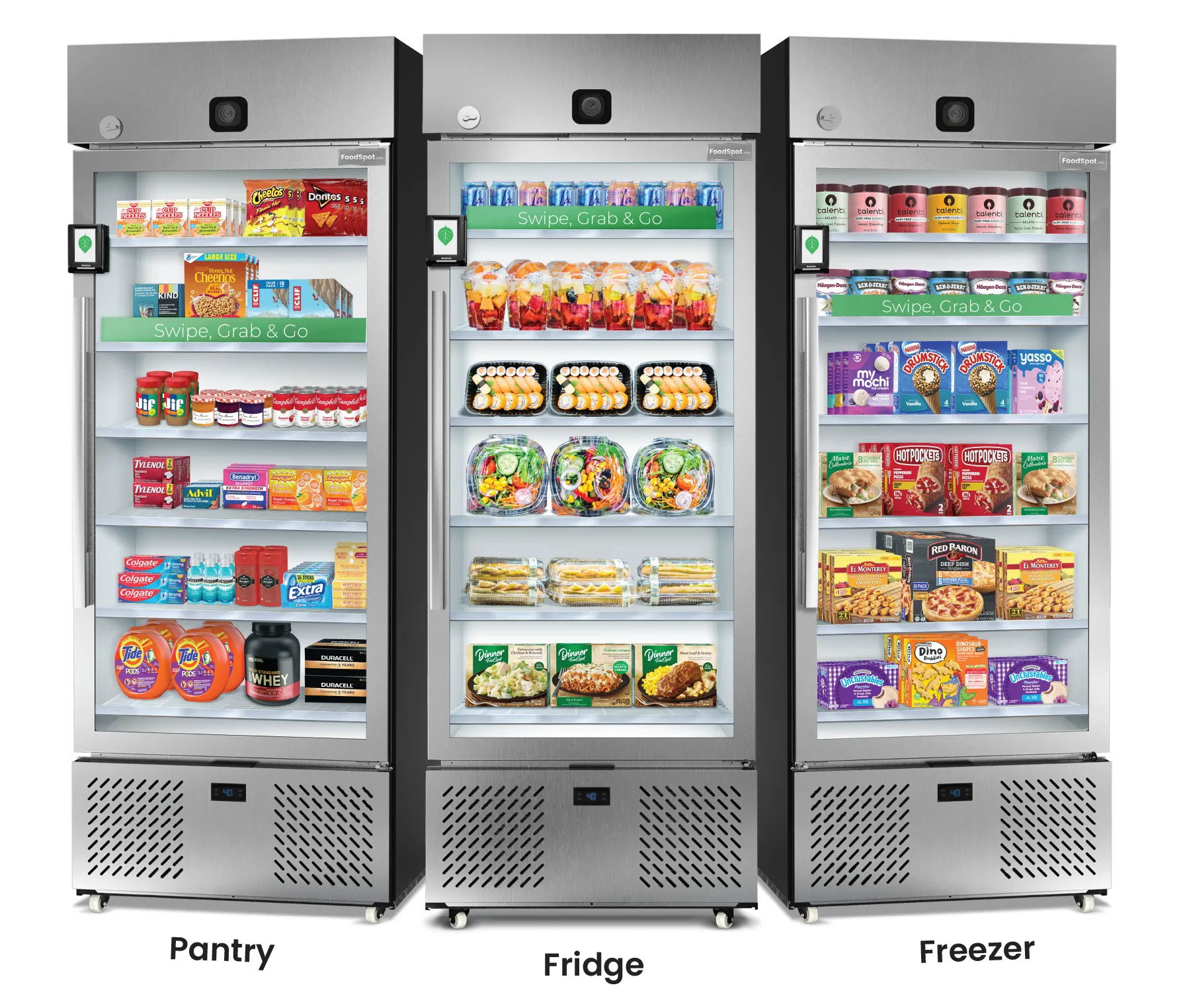 three stainless steel fresh food vending smart coolers side by side
