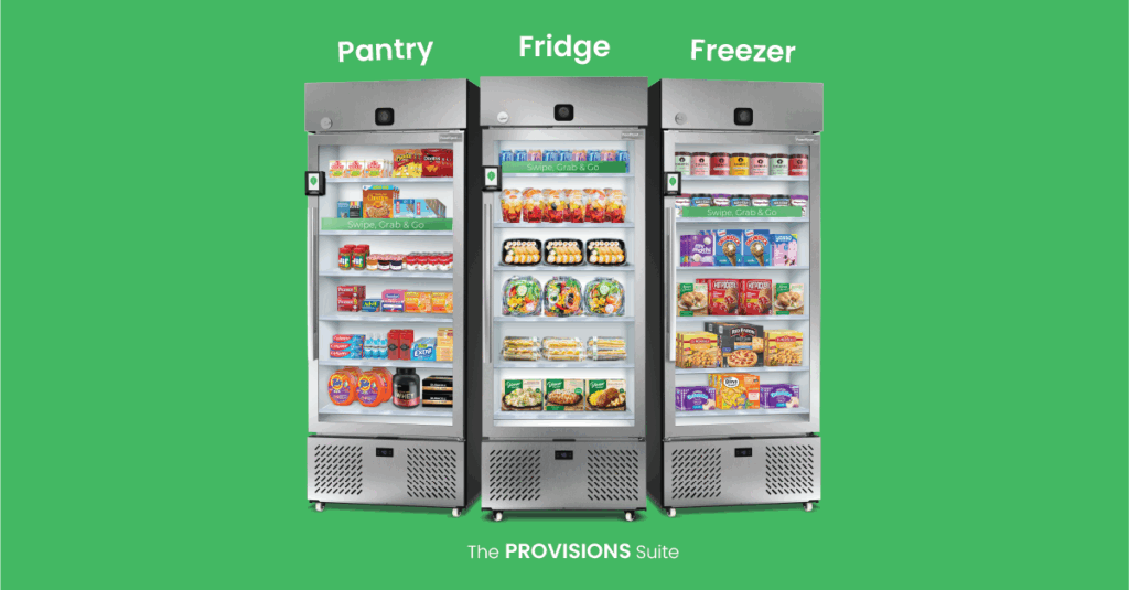 three stainless steel retail microstores by foodspot, a smart pantry, smart fridge, and smart freezer side by side