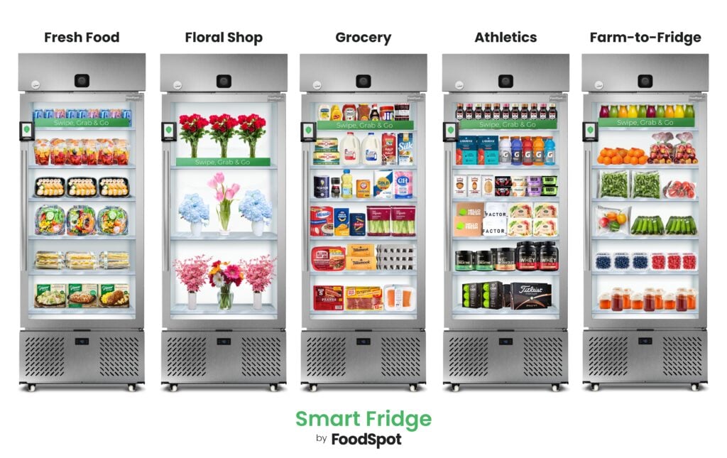five smart fridges by foodspot stocked with flowers, groceries, fresh food, and supplements for fresh food vending