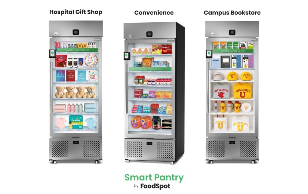 three smart pantries by foodspot stocked with grocery items, gifts, and staionary