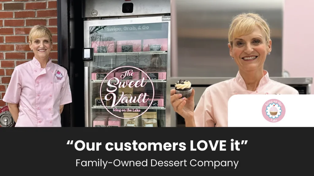 woman smiling holding a cupcake by a fresh dessert vending machine