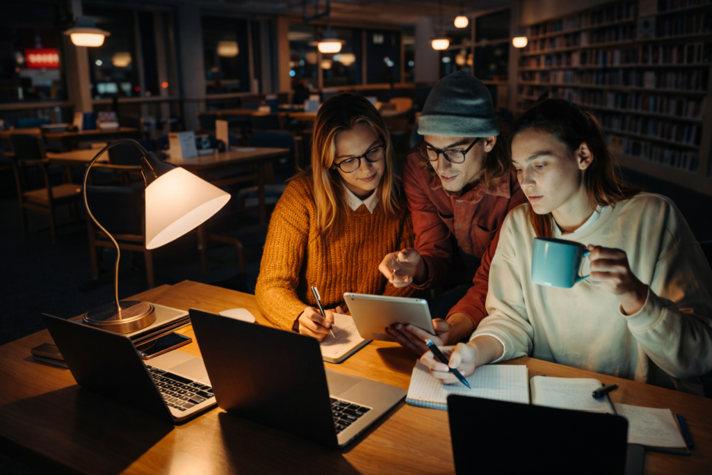 students studying late at night.