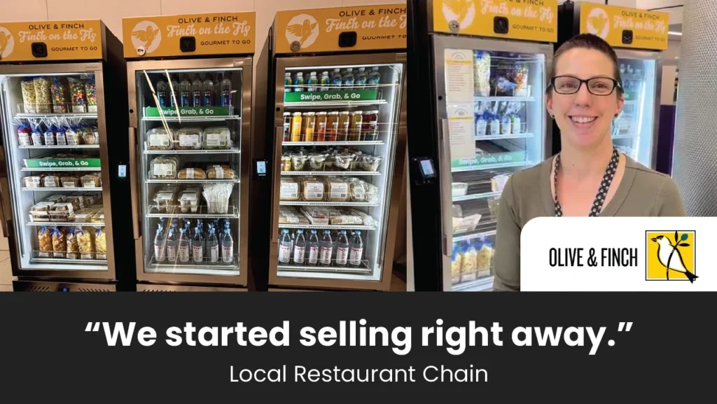 woman standing in front of fresh food vending machines with text overlay on the bottom