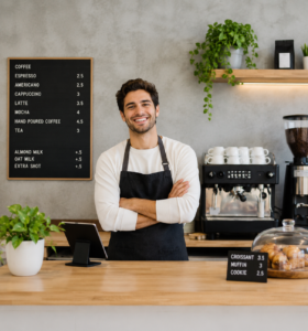 smiling barista behind a coffee counter