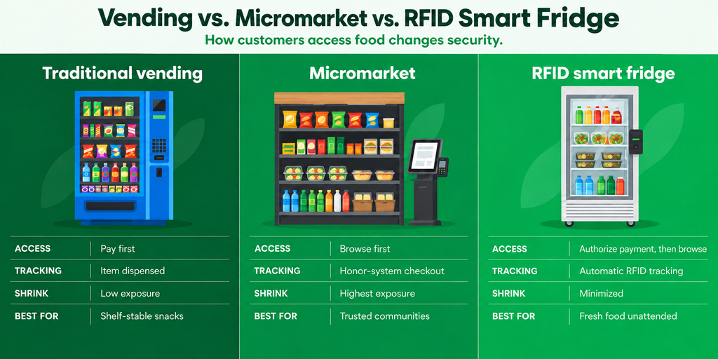 Comparison of traditional vending, micromarkets, and RFID smart fridges by access, tracking, shrink exposure, and best use.