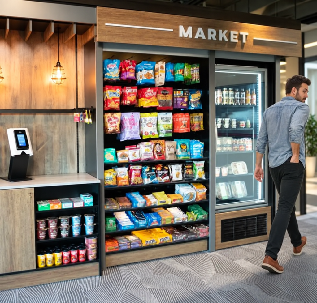 someone walking away from a micromarket with hand in back pocket